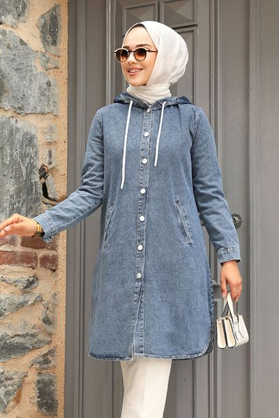 Neva Style Navy Blue Hijab Denim Cap - Hooded, Model 19117L