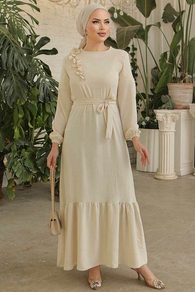 Neva Style Rochie Hijab Bej cu centură 659bej