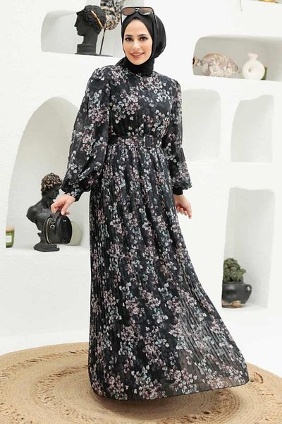 Neva Style Φόρεμα με λουλούδια μαύρο χιτζάμπ 3357s