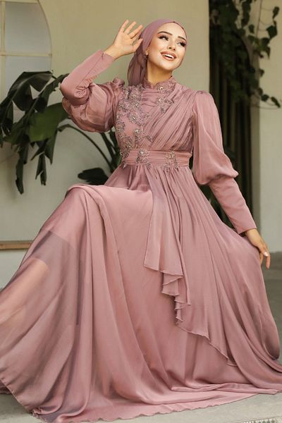 Neva Style Rochie de seară hijab cu gresie cu perle 21930krmt