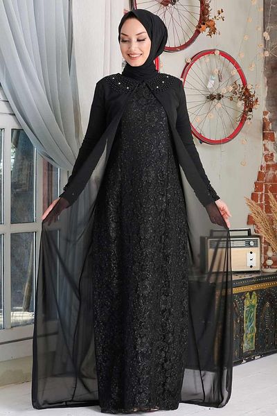 Neva Style Rochie de seara cu hijab neagra din dantela 20803s