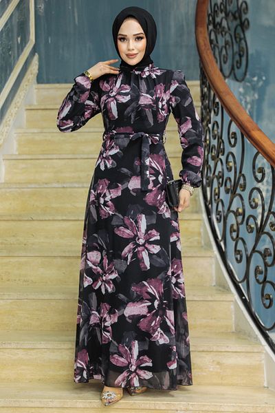 Neva Style Рокля за хиджаб с флорални мотиви в цвят прашна роза 279322gk