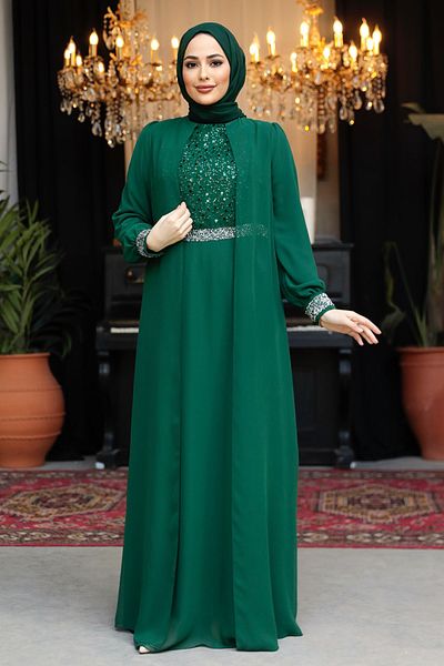Neva Style Green Hijab Evening Dress with Cloak 25876Y