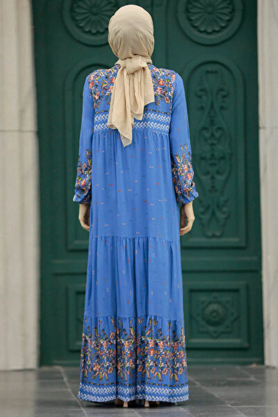Neva Style Patterned Indigo Blue Hijab Dress 50095Im