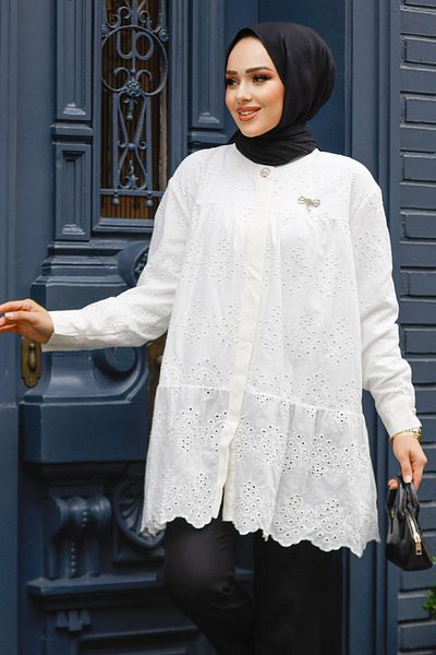 Neva Style Tunica Hijab cu dantela alba - 14241B