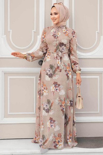 Neva Style Floral Patterned Mink Hijab Dress 27926V
