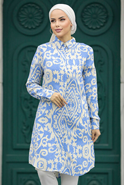 Neva Style Patterned Blue Hijab Viscose Tunic 11663m