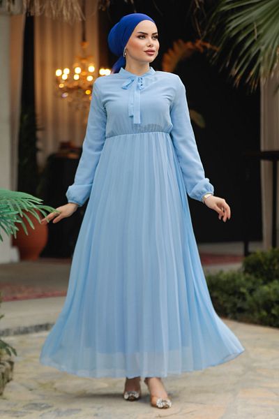 Neva Style Rochie Hijab Baby Blue cu guler legat 50351BM