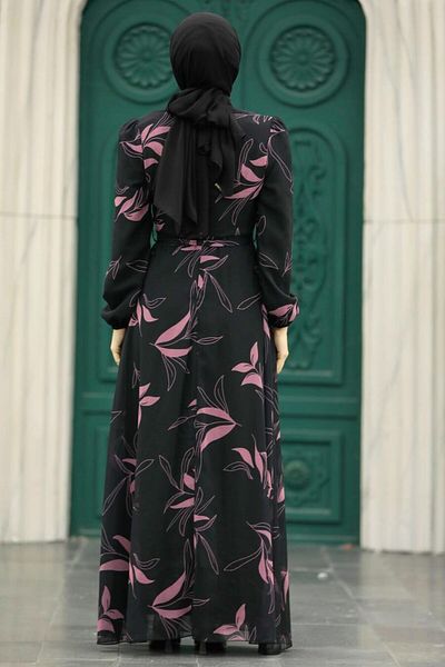 Neva Style Leaf Patterned Dusty Rose Hijab Dress 279315 Gk