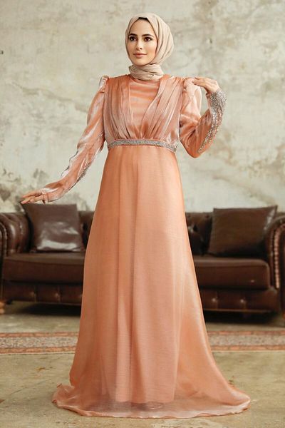 Neva Style Beaded Salmon Hijab Evening Dress 25854Smn