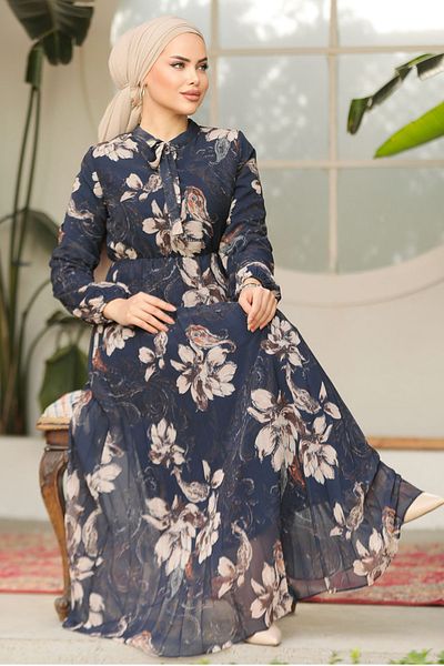 Neva Style Φόρεμα με φλοράλ μοτίβο Navy Blue Hijab 50355L