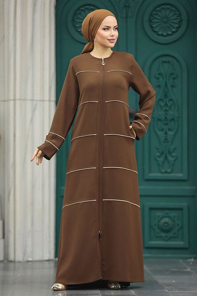 Neva Style فستان حجاب بني بتفاصيل مخططة 20044kh