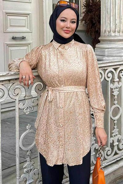 Neva Style Tunica Hijab Bej cu Motiv 92671bej