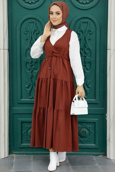 Neva Style Fold Pleated Dark Tile Hijab Gilet Dress 577Kkrmt