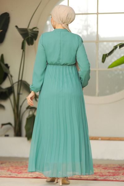 Neva Style Rochie islamică verde cu guler legat 50351CY