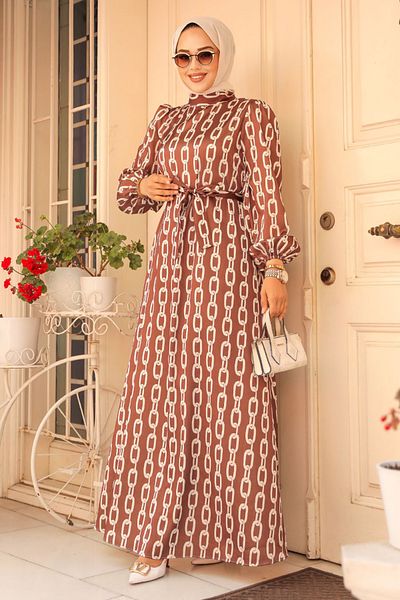 Neva Style Rochie Hijab cu model maro - 23422KH