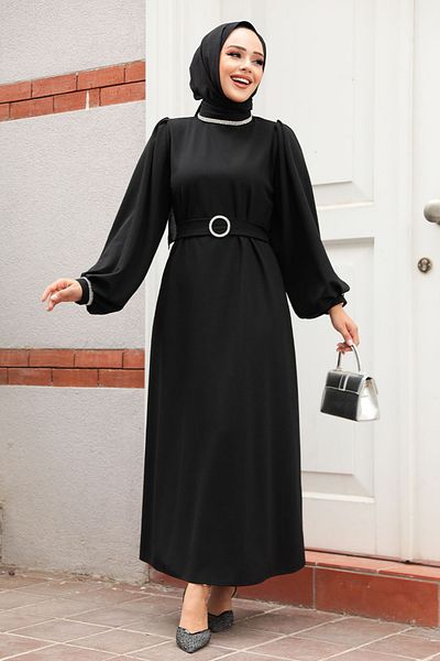 Neva Style Rochie de seară hijab neagră cu centură 30031s