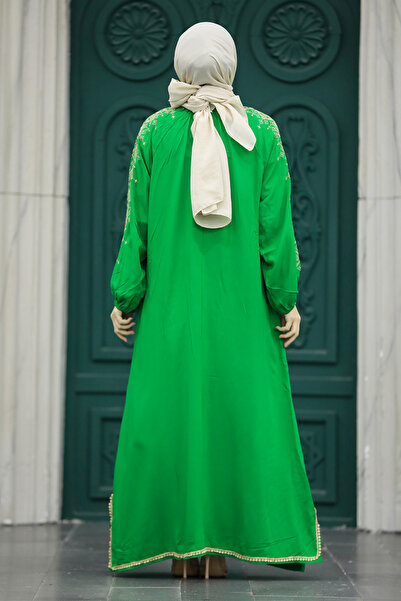 Neva Style Green Hijab Dress with Embroidered Pattern on the Sleeves 40050Y