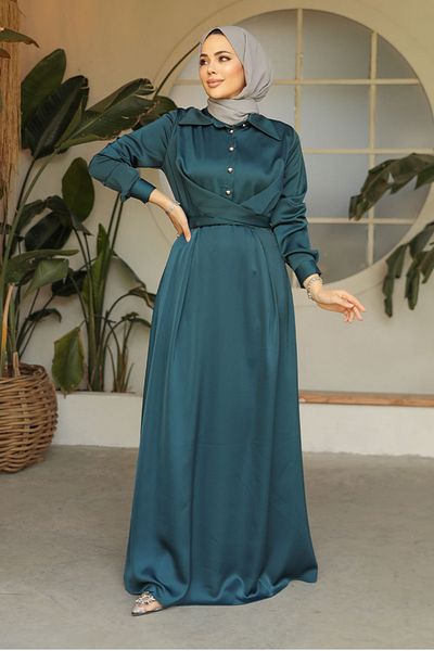 Neva Style Emerald Green Satin Hijab Dress - Button Detail, 45661ZY