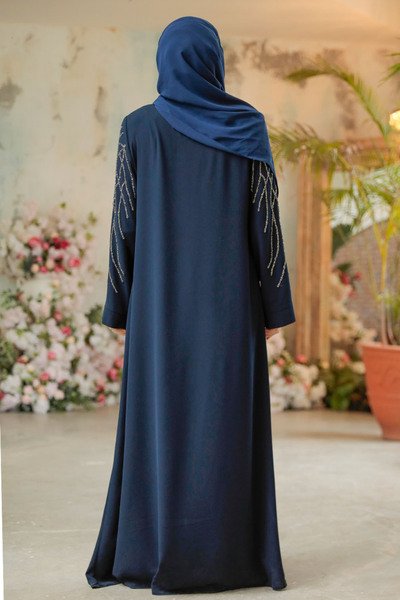 Neva Style Χάντρες Κεντημένη Σκούρο Μπλε Hijab Ferace 29102L