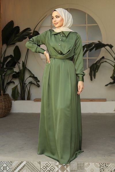 Neva Style Green Satin Hijab Dress - Button Detail, 45661CY