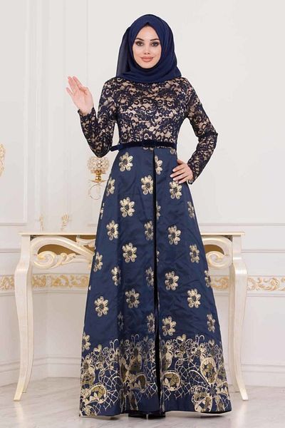Nayla Collectıon Floral Patterned Navy Blue Hijab Evening Dress 82457L