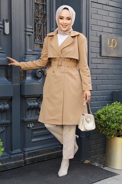 Neva Style Καμπαρντίνα Hijab με ζώνη Camel - 61171C