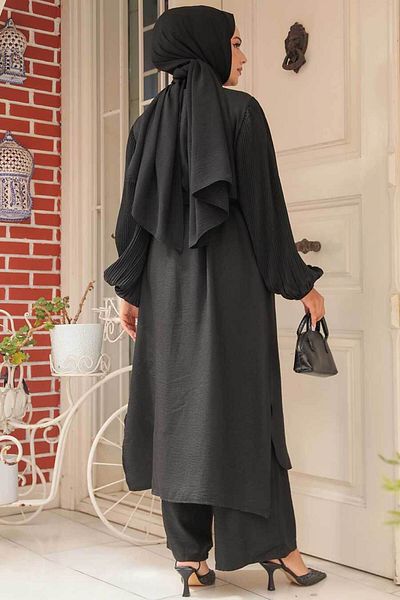 Neva Style طقم حجاب أسود مزدوج - زر، 12581S