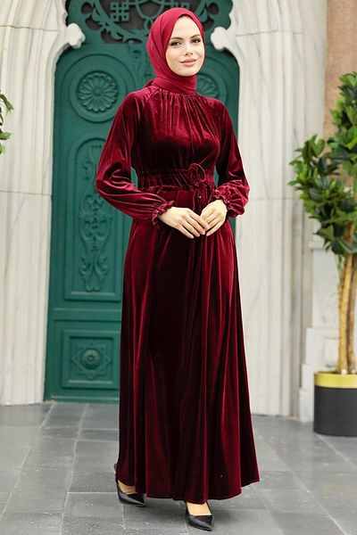 Neva Style - Rochie din catifea Hijab Burgundy 36921br