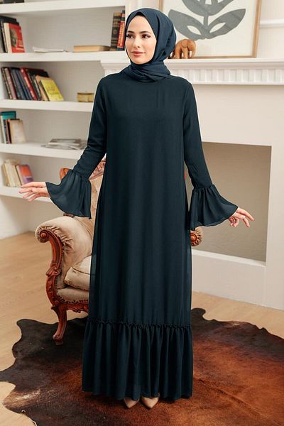 Neva Style Μπλουζάκι με βολάν Navy Blue Hijab φόρεμα 5729l