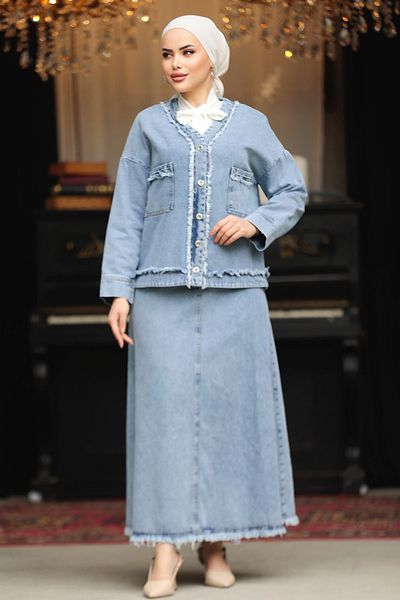Neva Style Set dublu din denim hijab cu fustă 19012m