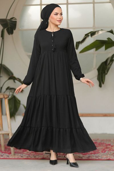 Neva Style Rochie Hijab neagră plisată în straturi 22051S