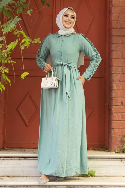 Neva Style Mint Hijab Dress with Ruffle Sleeves 3434Mint