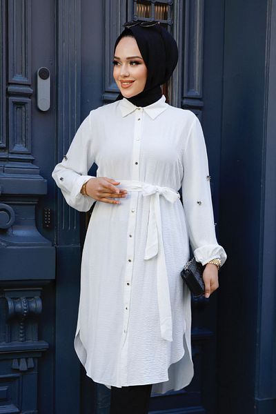 Neva Style Ecru Hijab Μουσουλμανικό Μπουνικό με ζώνη 21095e