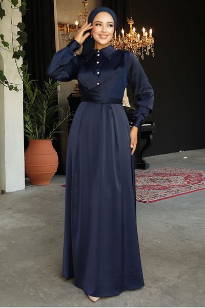 Neva Style Rochie Hijab din Satin Bleumarin - Detaliu Nasturi, Model 45661L
