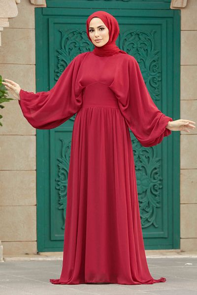 Neva Style فستان سهرة حجاب - فستان سهرة حجاب أحمر بأكمام بالونية 60681k