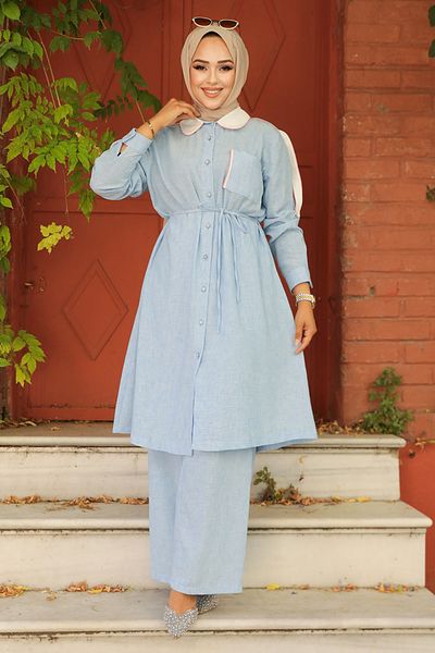 Neva Style طقم حجاب أزرق مكون من قطعتين - زر، 34141M