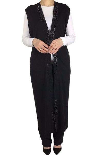 ECE GİYİM Women's Long Vest with Agrafed Front and Stone Detail Pocket