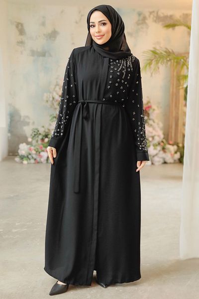 Neva Style Bead Embroidered Black Hijab Ferace 29101S
