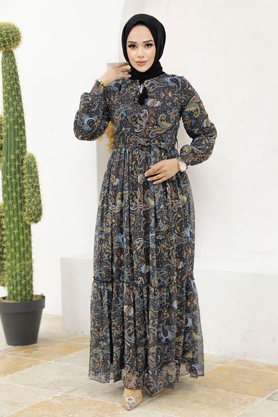 Neva Style Patterned Blue Hijab Dress 3356m