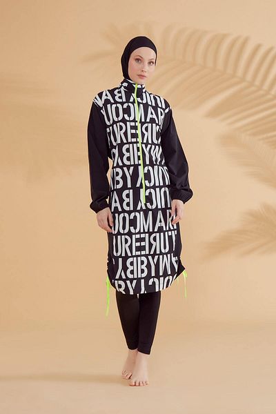 Neva Style Parachute Lettered Black Full Covered Hijab Swimsuit M2301S