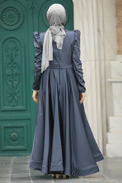 Neva Style Beaded Anthracite Satin Hijab Evening Dress 23191Ant