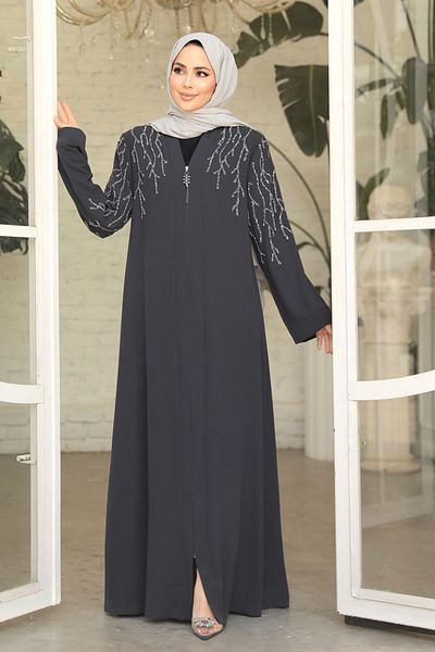 Neva Style Abaya hijab brodata cu margele afumate - 29110FU
