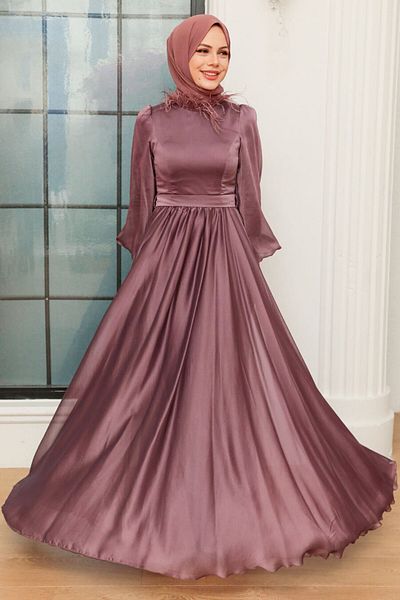 Neva Style Βραδινό φόρεμα Hijab με λεπτομέρεια με πούπουλα στο γιακά 21330kgk