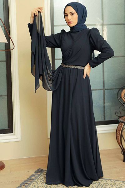 Neva Style Drape Detailed Navy Blue Hijab Evening Dress 5737L