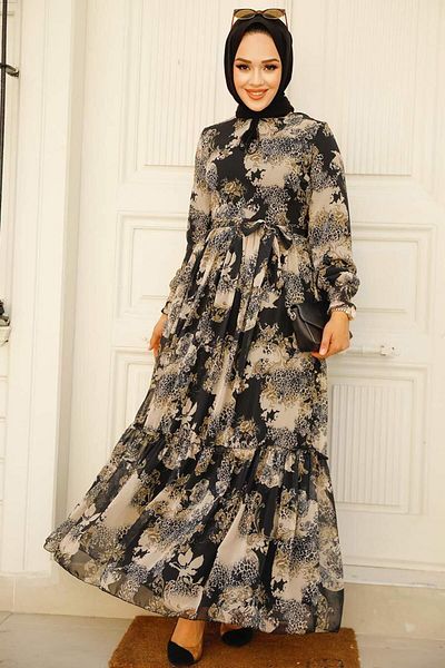 Neva Style - Rochie hijab neagră cu model 33560s