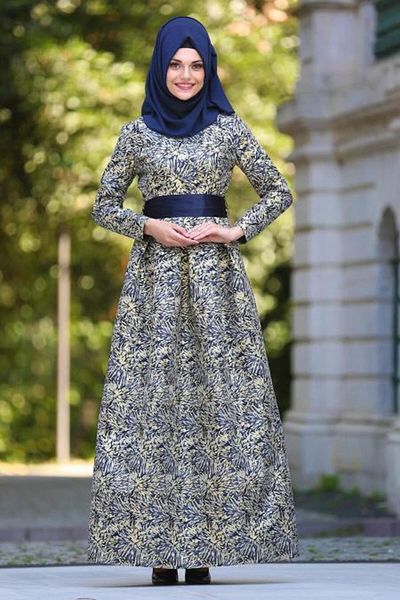 Neva Style Belted Jacquard Navy Blue Hijab Evening Dress 24410L