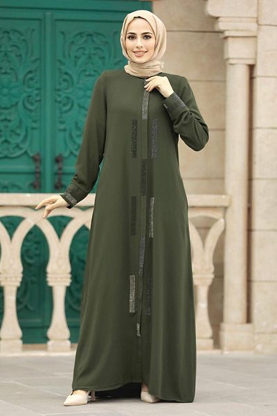 Neva Style Mărgele Detaliat Kaki Hijab Rabia Crep Ferace 616hk