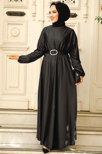 Neva Style - Rochie Hijab din Satin Negru 5727s