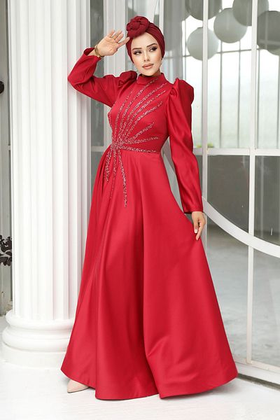 Neva Style Rochie de seara cu hijab - Rochie de seara hijab din satin burgundy brodata cu margele 2265br